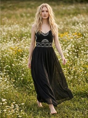 Sea Gypsies Black Tulle Maxi Dress Small Goddess Witchy WhimsyGoth Embroidered